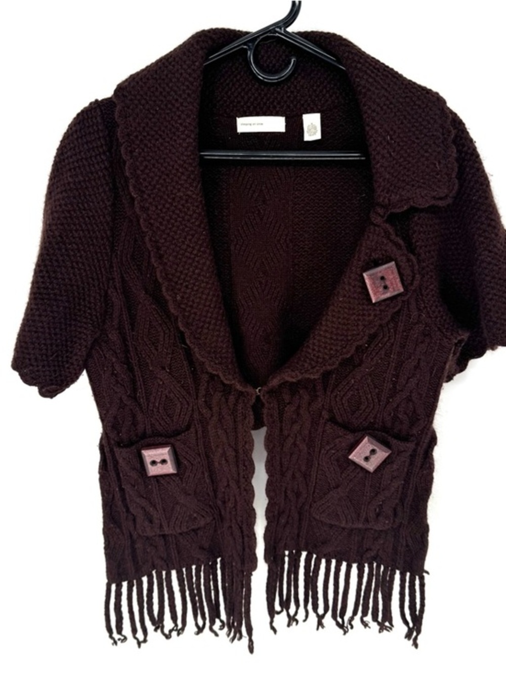 Anthropologie sleeping on snow brown Cable-Knit Short-Sleeve Fringe Cardigan